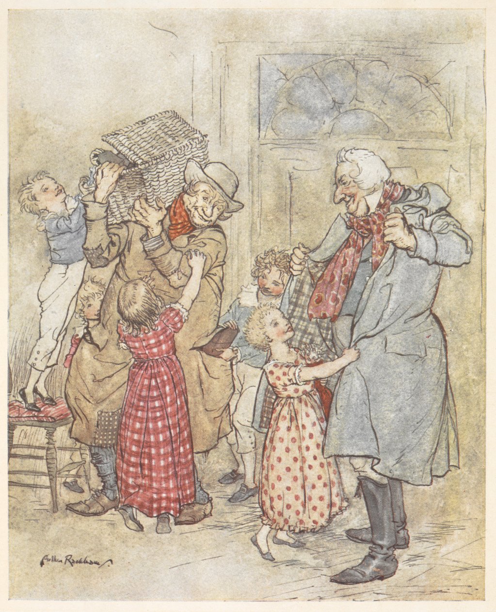 Små børn hjælper to ældre mænd med deres frakker, når de kommer ind i et hus med julegaver af Arthur Rackham