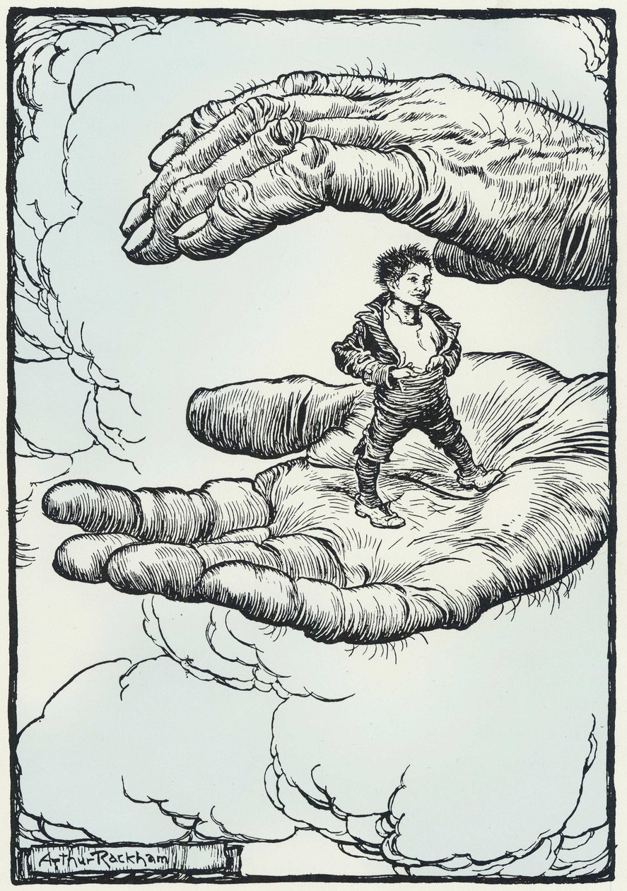 Illustration til fablen "Den lille tommelfinger" af Arthur Rackham