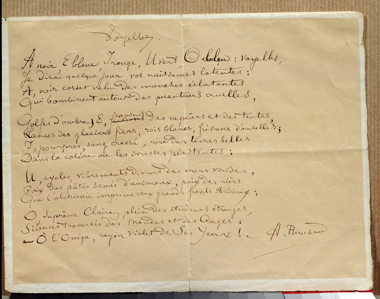 Manuskript til Arthur Rimbauds digt: "Vokalerne"" af Arthur Rimbaud