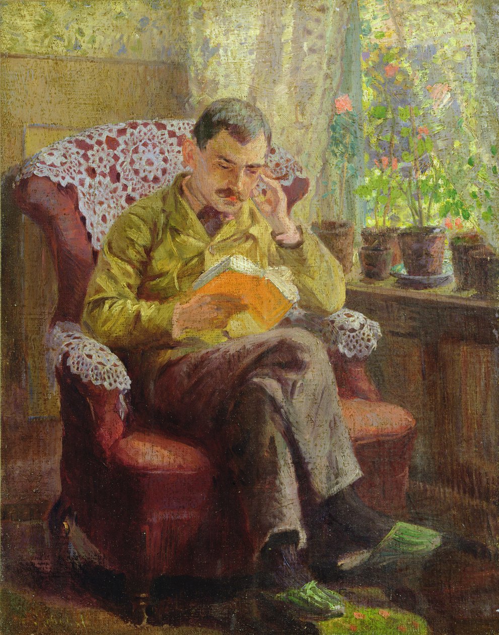Kunstnerens bror sidder ved et vindue (olie på lærred om bord) af Arthur Siebelist