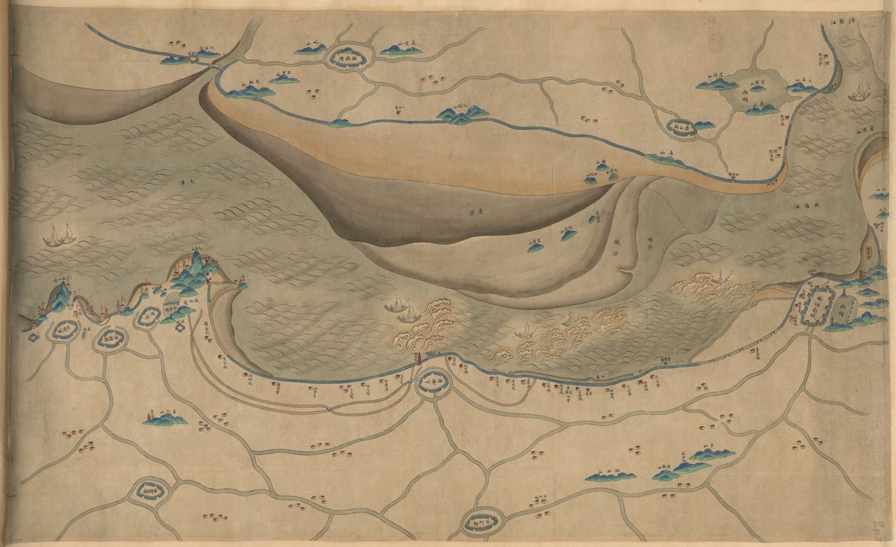 120.000. leveret. Orienteret med nord til bunden. Lettelse vist billedligt. Billedkort. Hummel -køb 1930, nr. 34. viser område langs Qiantang -floden, især sektionen af Hangzhou Bay i Zhejiang -provinsen. Tilgængelig også via biblioteket o af Arthur W. Hummel