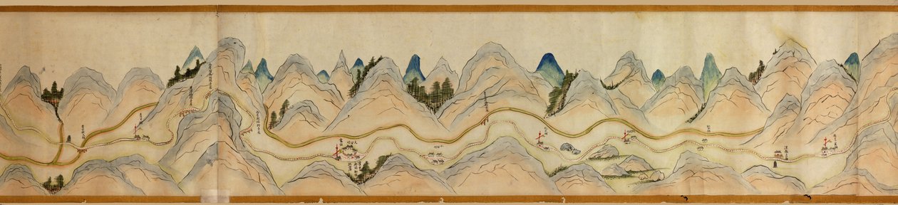 16.000. leveret. Orienteret med nord til højre. Relief vist billedmæssigt. Fugleperspektiv. Dækker Wei-floden i Baoji Xian, Shanxi Sheng til Shu Dao i Shanxi-Sichuan grænsen. Viser bebyggelser, rastepladser, stationer, kroer, templer, bjergpas, walle af Arthur W. Hummel