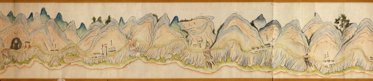 16.000. leveret. Orienteret med nord til højre. Relief vist billedmæssigt. Fugleperspektiv. Dækker Wei-floden i Baoji Xian, Shanxi Sheng til Shu Dao i Shanxi-Sichuan grænsen. Viser bebyggelser, rastepladser, stationer, kroer, templer, bjergpas, walle af Arthur W. Hummel