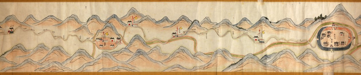 16.000. leveret. Orienteret med nord til højre. Relief vist billedmæssigt. Fugleperspektiv. Dækker Wei-floden i Baoji Xian, Shanxi Sheng til Shu Dao i Shanxi-Sichuan grænsen. Viser bebyggelser, rastepladser, stationer, kroer, templer, bjergpas, walle af Arthur W. Hummel
