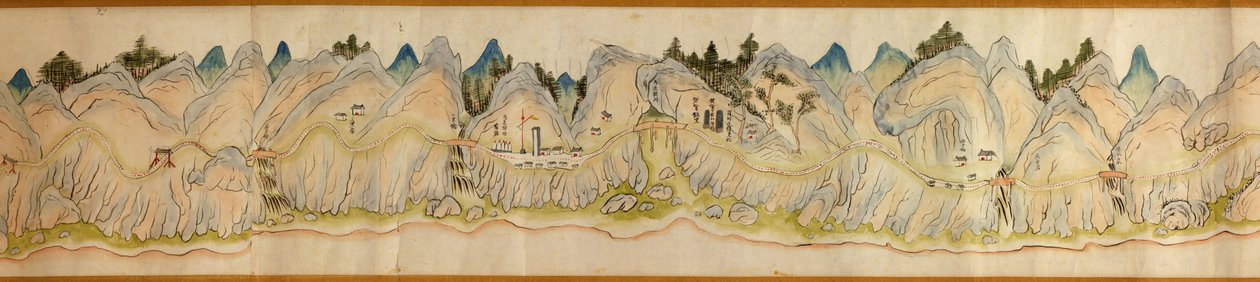 16.000. leveret. Orienteret med nord til højre. Relief vist billedmæssigt. Fugleperspektiv. Dækker Wei-floden i Baoji Xian, Shanxi Sheng til Shu Dao i Shanxi-Sichuan grænsen. Viser bebyggelser, rastepladser, stationer, kroer, templer, bjergpas, walle af Arthur W. Hummel