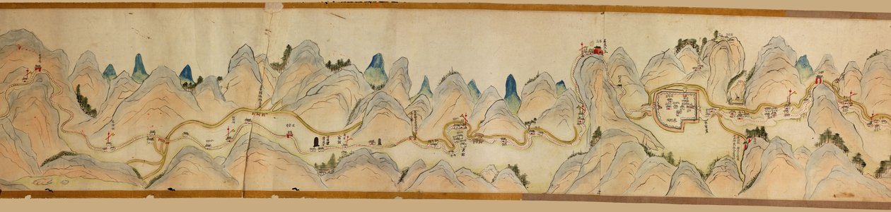 16.000. leveret. Orienteret med nord til højre. Relief vist billedmæssigt. Fugleperspektiv. Dækker Wei-floden i Baoji Xian, Shanxi Sheng til Shu Dao i Shanxi-Sichuan grænsen. Viser bebyggelser, rastepladser, stationer, kroer, templer, bjergpas, walle af Arthur W. Hummel