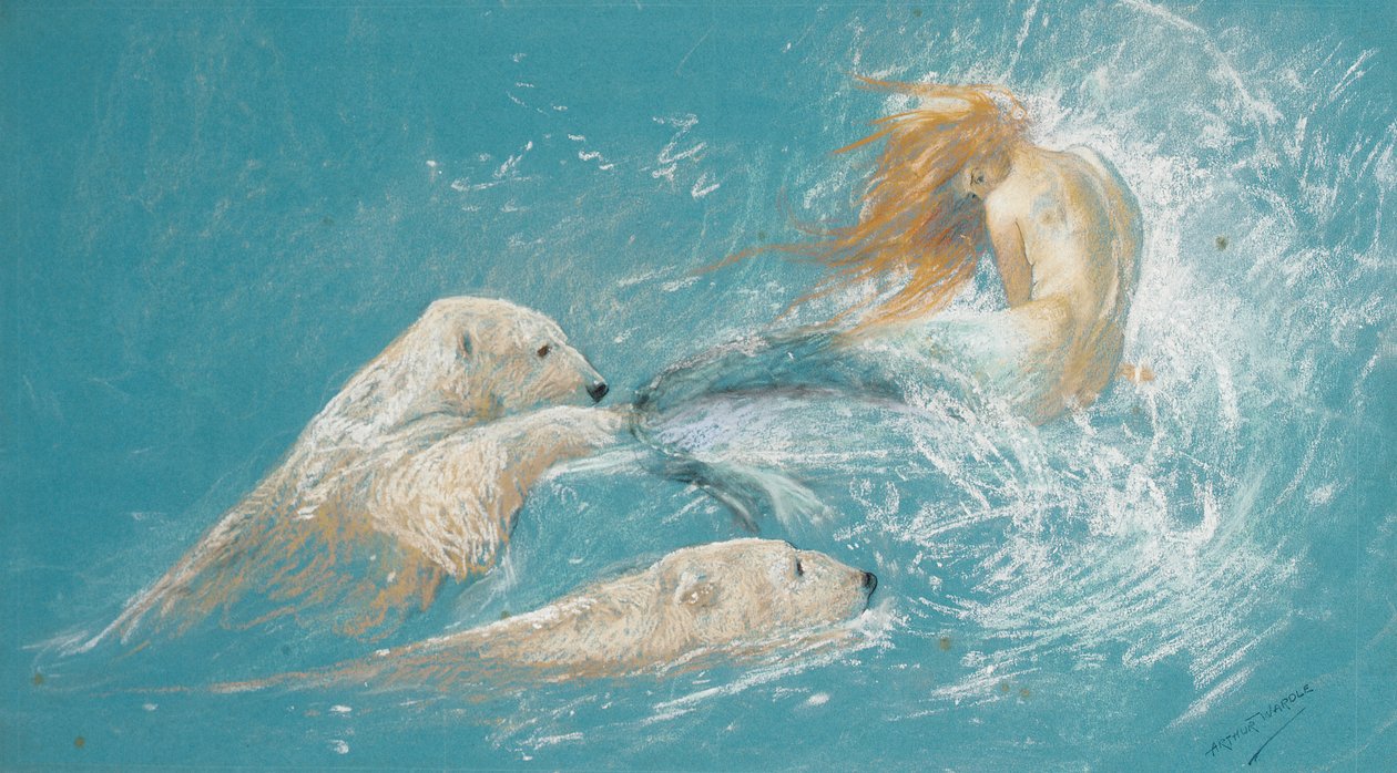 En havfrue og isbjørne (blyant og kridt på papir) af Arthur Wardle