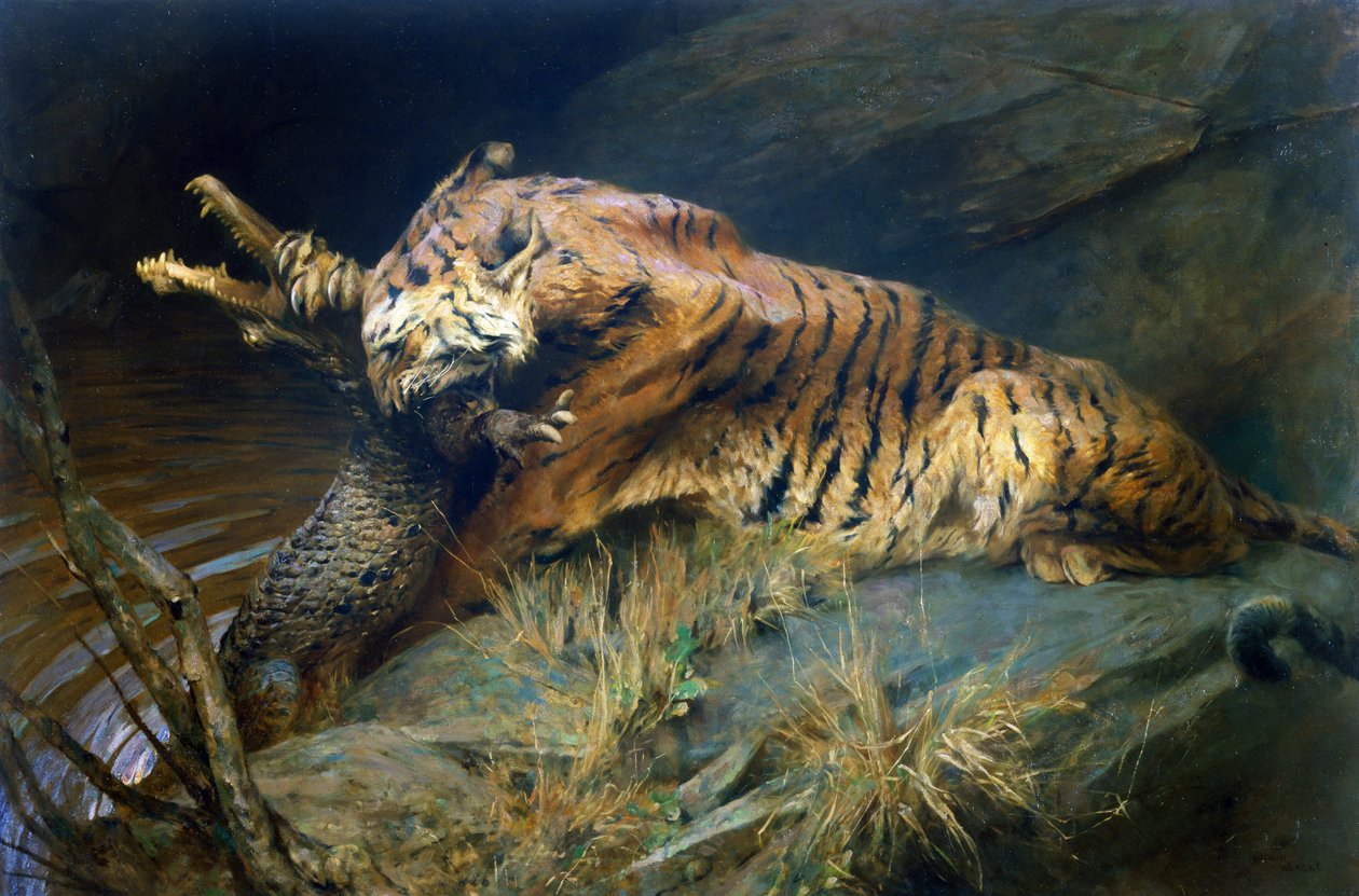 Tiger og krokodille (olie på lærred) af Arthur Wardle