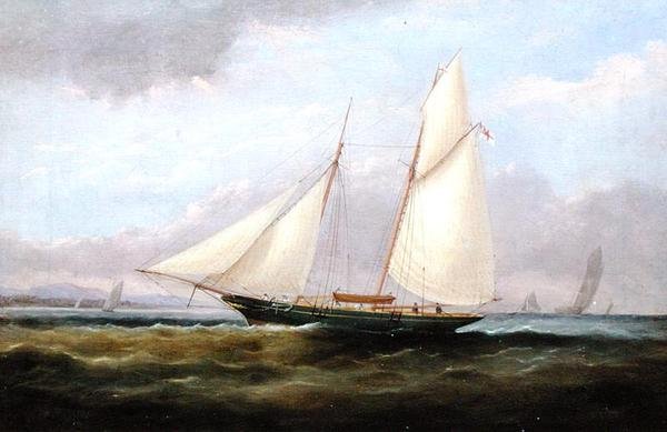 En skonnert yacht under let sejl, med sit forsejl sænket (olie på lærred) af Arthur Wellington Fowles