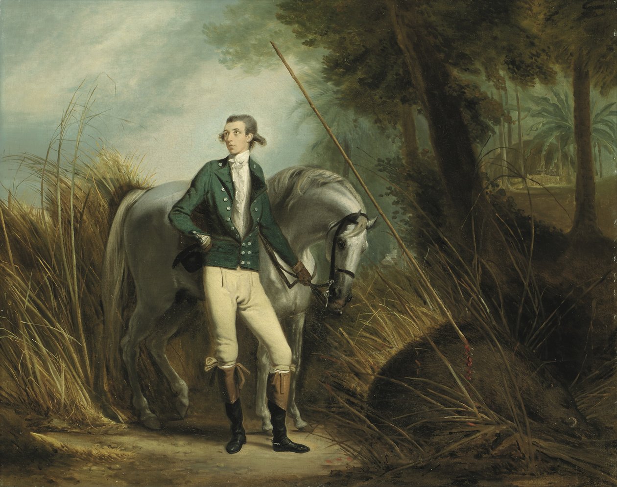 En gentleman på vildsvinejagt i et indisk landskab (olie på lærred) af Arthur William Devis