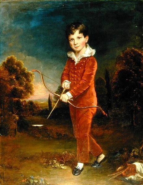 Portræt af en ung dreng i et rødt jakkesæt, der holder en bue og pil (olie på lærred) af Arthur William Devis
