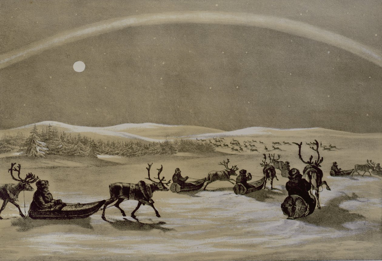 Et enestående udseende af nordlyset over en Laplanders flok rensdyr, der krydser Jerdis Javri, fra vinterskitser i Lapland, indgraveret af James Duffield Harding (1798-1863) 1825 (graveret af Arthur de Capell Brooke