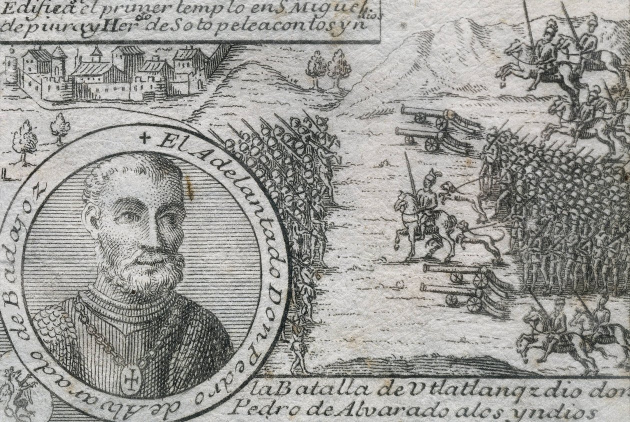 ALVARADO, Pedro de (1485-1541). Spansk conquistador og guvernør i Guatemala. Slaget ved Ulatlanga af Artist Unknown