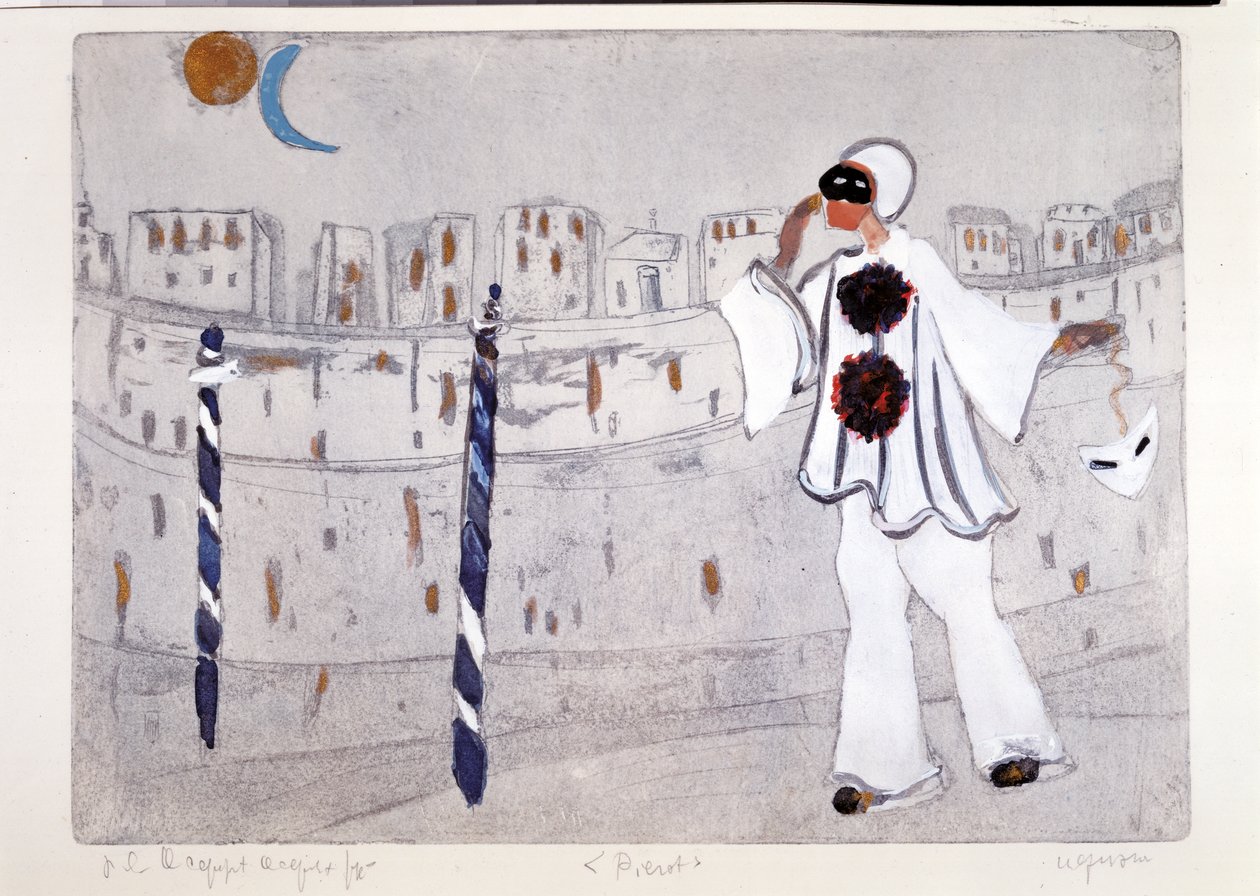 En moderne fortolkning af Pjerrot med Venedig i baggrunden (radering) af Artist Unknown