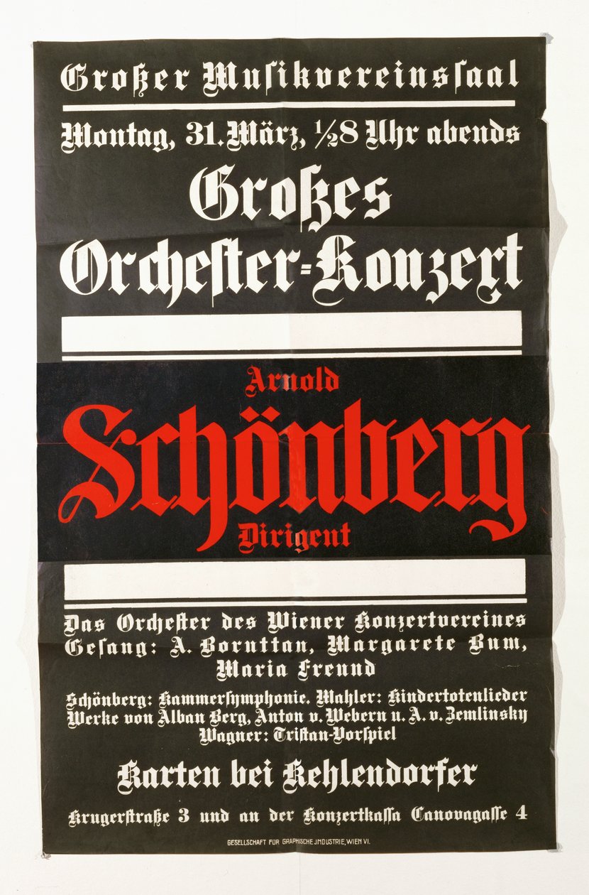 En plakat, der annoncerer en koncert med værker af Schönberg (plakat) af Artist Unknown