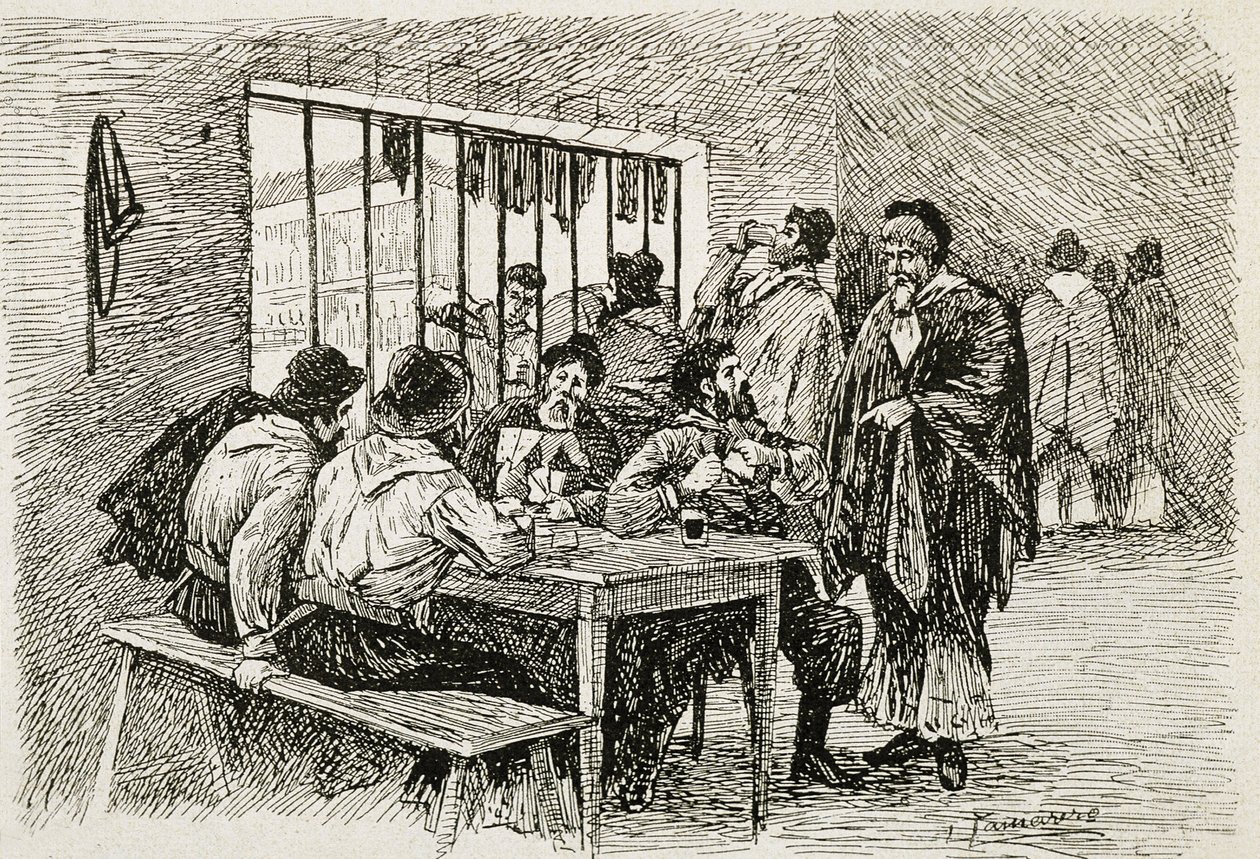Argentina (20. århundrede). "Pulperia", et værtshus og en spiritusbutik. Illustration af T.Tamarera. Gravering af Artist Unknown