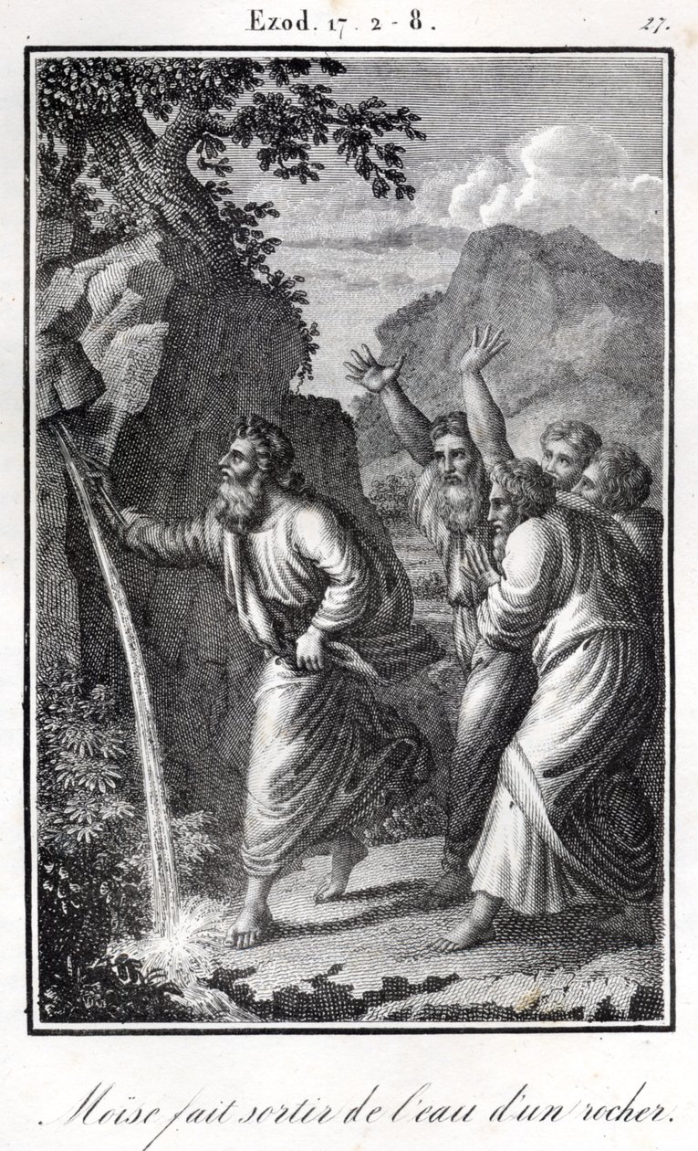 Bibelen - Moses slår på klippen, og der kommer vand ud af den Exodus (gravering) af Artist Unknown