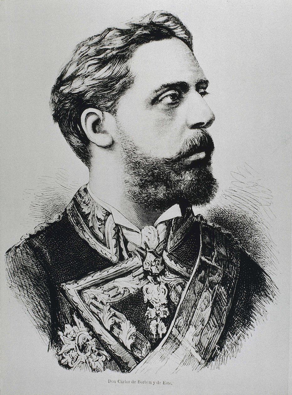 CARLOS VII, Carlos Maria de los Dolores de Borbon y Austria-Este (1848-1909). Carlist-prætendent til Spaniens trone som Carlos VII. I Spanien. Carlisme. Karl VII, carlistisk tronprætendent. Udgivet i "La ilustracion Espanola y Americana". Graveret af Artist Unknown