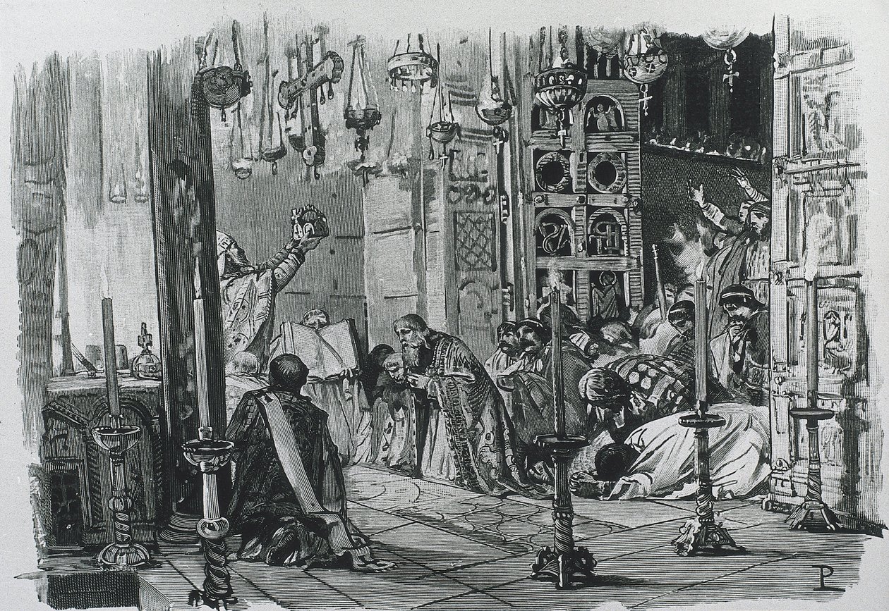 CHARLEMAGNE eller CHARLES I (742-814). Konge af frankerne og langobarderne (768-814) og tysk-romersk kejser (800-814). Kroning af Karl den Store som tysk-romersk kejser (800). Gravering. af Artist Unknown