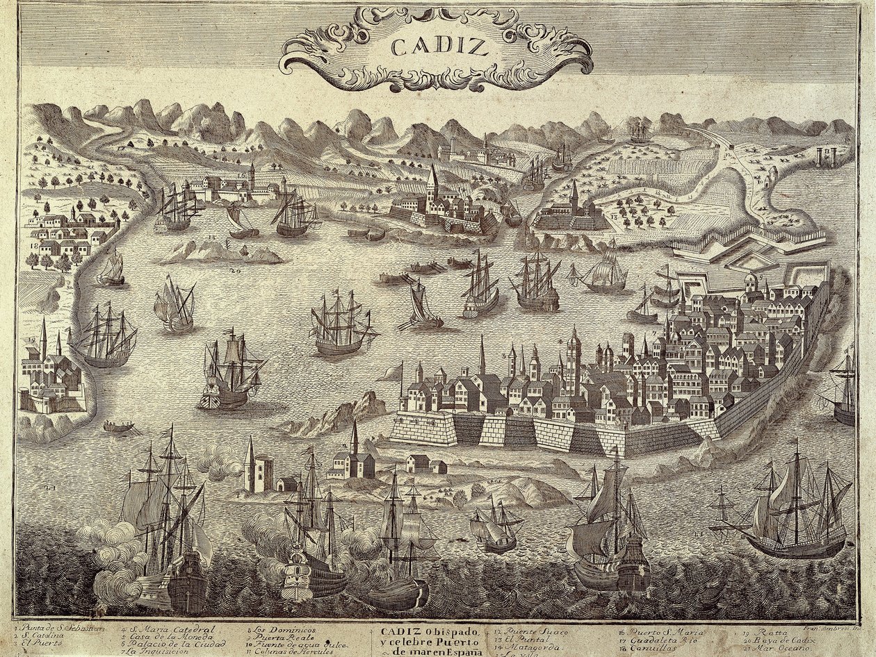 Byen og havnen i Cadiz. Gravering. SPANIEN. ANDALUSIEN. Cádiz. Museo de Cadiz af Artist Unknown