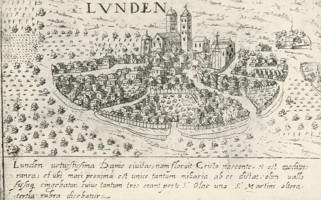 Byen Lund, som tilhørte Danmark i middelalderen, kobberstik af Artist Unknown