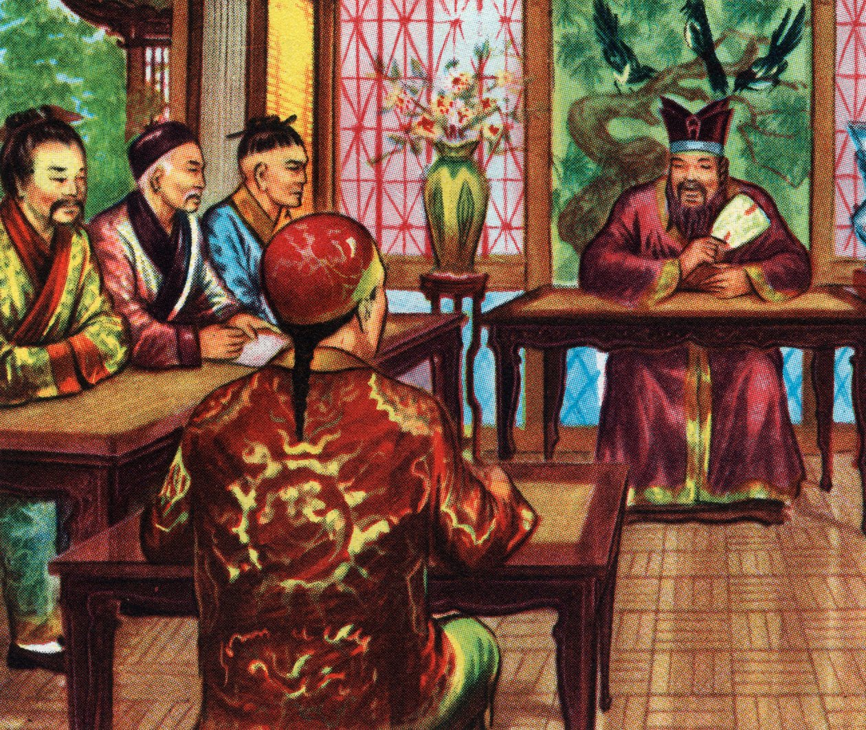 Konfucius, eller Kong Fu Zi, med sine elever (tryk) af Artist Unknown