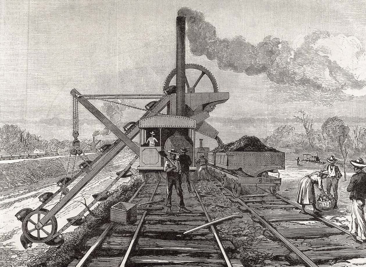 Konstruktion af Panamakanalen. Uddybningsarbejde i landsbyen Culebra. Originaltegning af Meltor Prior. Billedet blev offentliggjort i "The Illustrated London News". Gravering. af Artist Unknown
