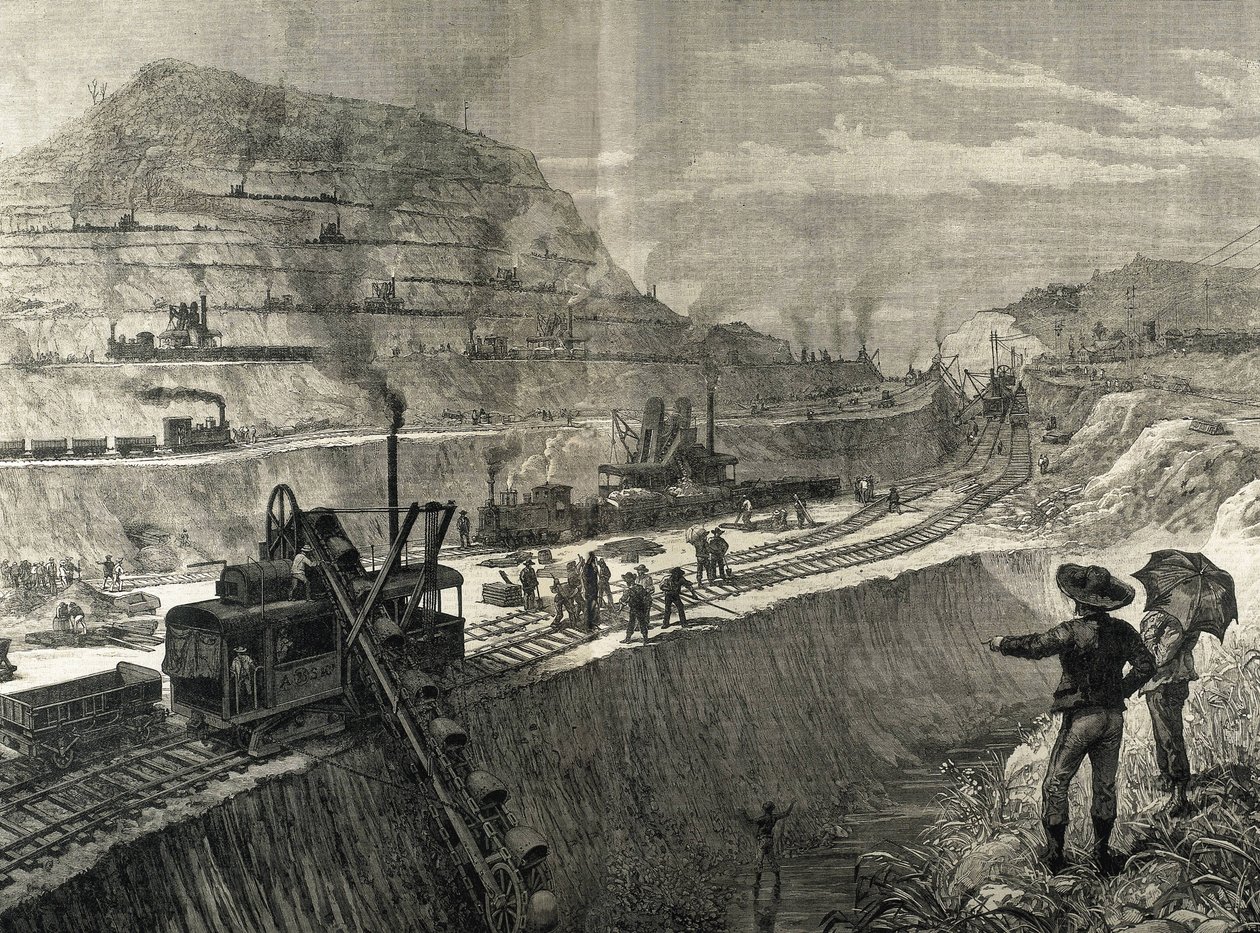 Konstruktion af Panamakanalen. Uddybningsarbejde i landsbyen Culebra. Originaltegning af Meltor Prior. Billedet blev offentliggjort i "The Illustrated London News". Gravering. af Artist Unknown