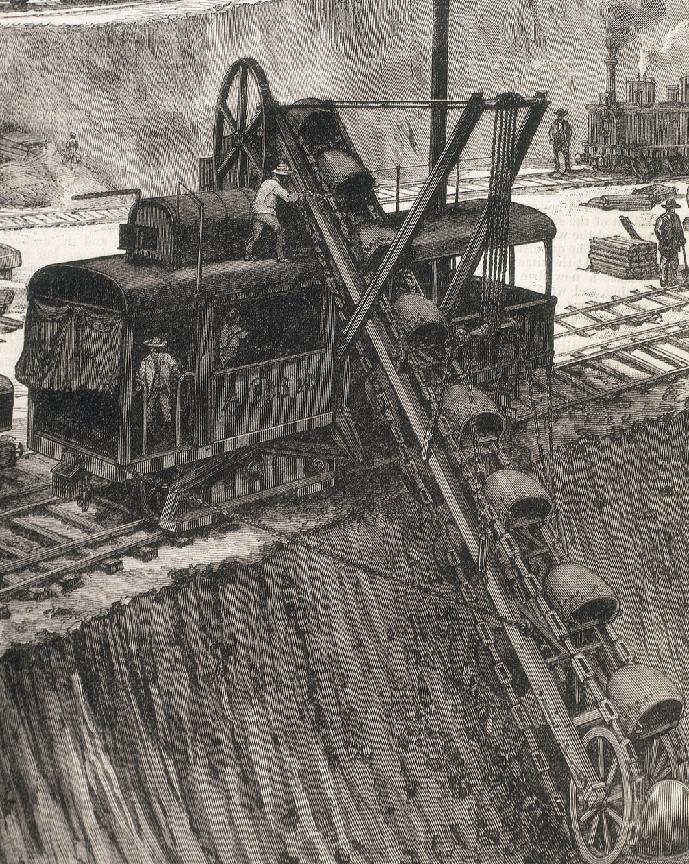 Konstruktion af Panamakanalen. Uddybningsarbejde i landsbyen Culebra. Originaltegning af Meltor Prior. Billedet blev offentliggjort i "The Illustrated London News". Gravering. af Artist Unknown