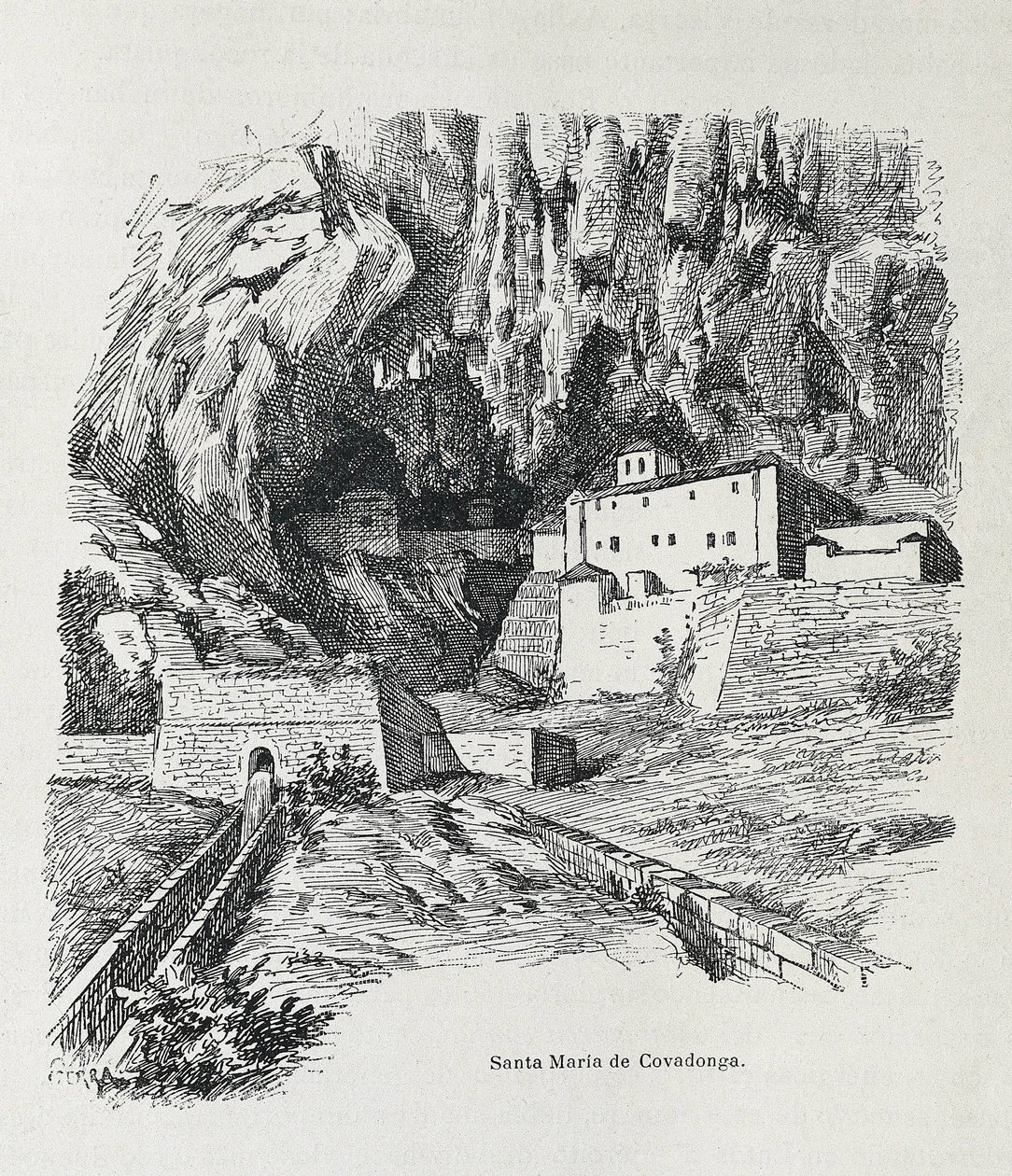 Covadonga. Eremitagen i Santa Maria. Gravering. SPANIEN. ARAGON. Zaragoza. Generelt militærakademi af Artist Unknown