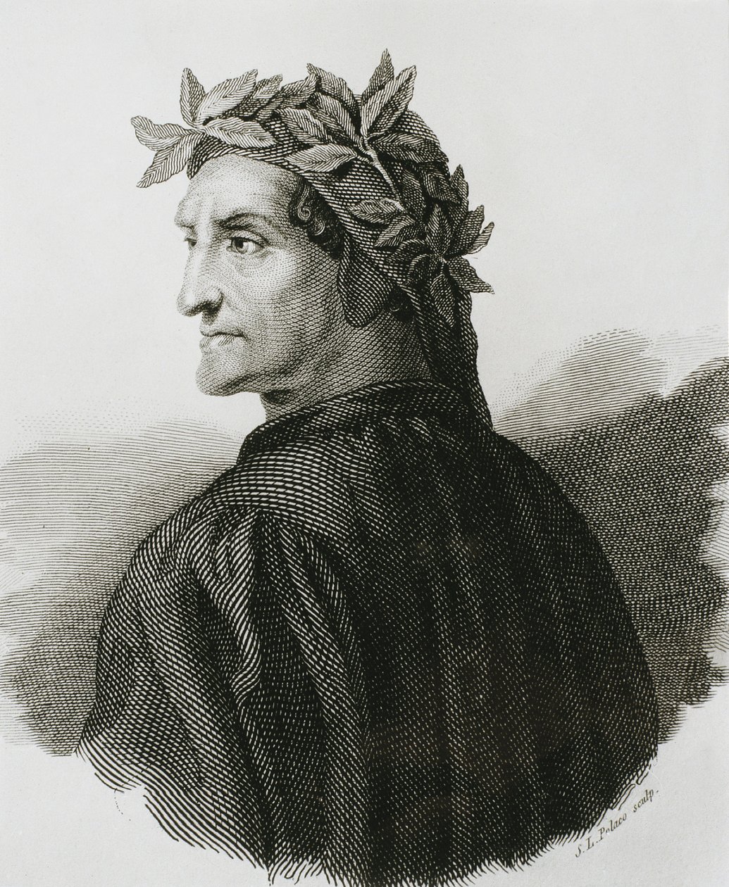 DANTE ALIGHIERI (1265-1321). Italiensk digter; Raphael (1483-1520). Reproduktion af en fresko af Raphael. Gravering. af Artist Unknown