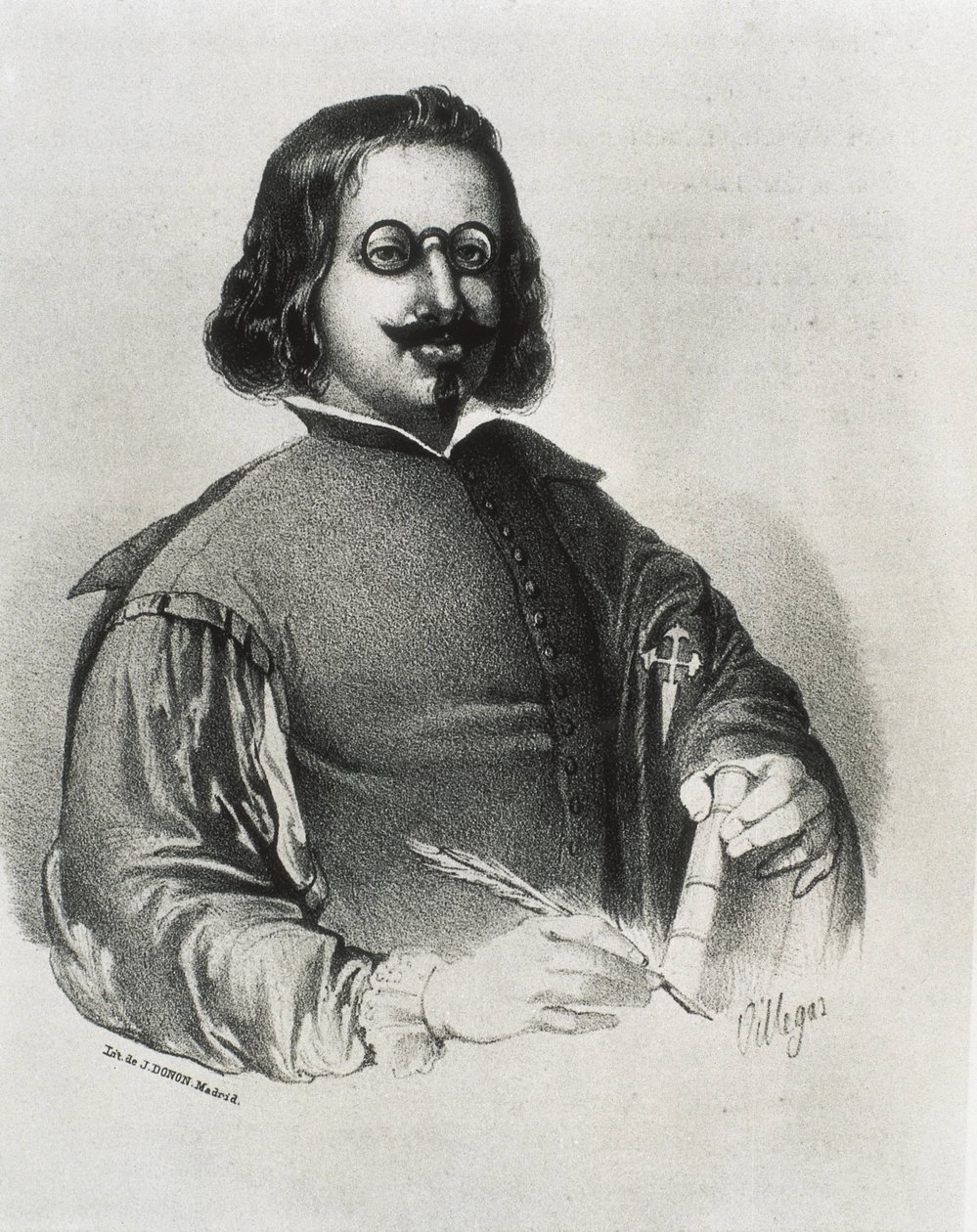DONON, Julio (19. århundrede). Francisco de Quevedo. Litografi af Artist Unknown