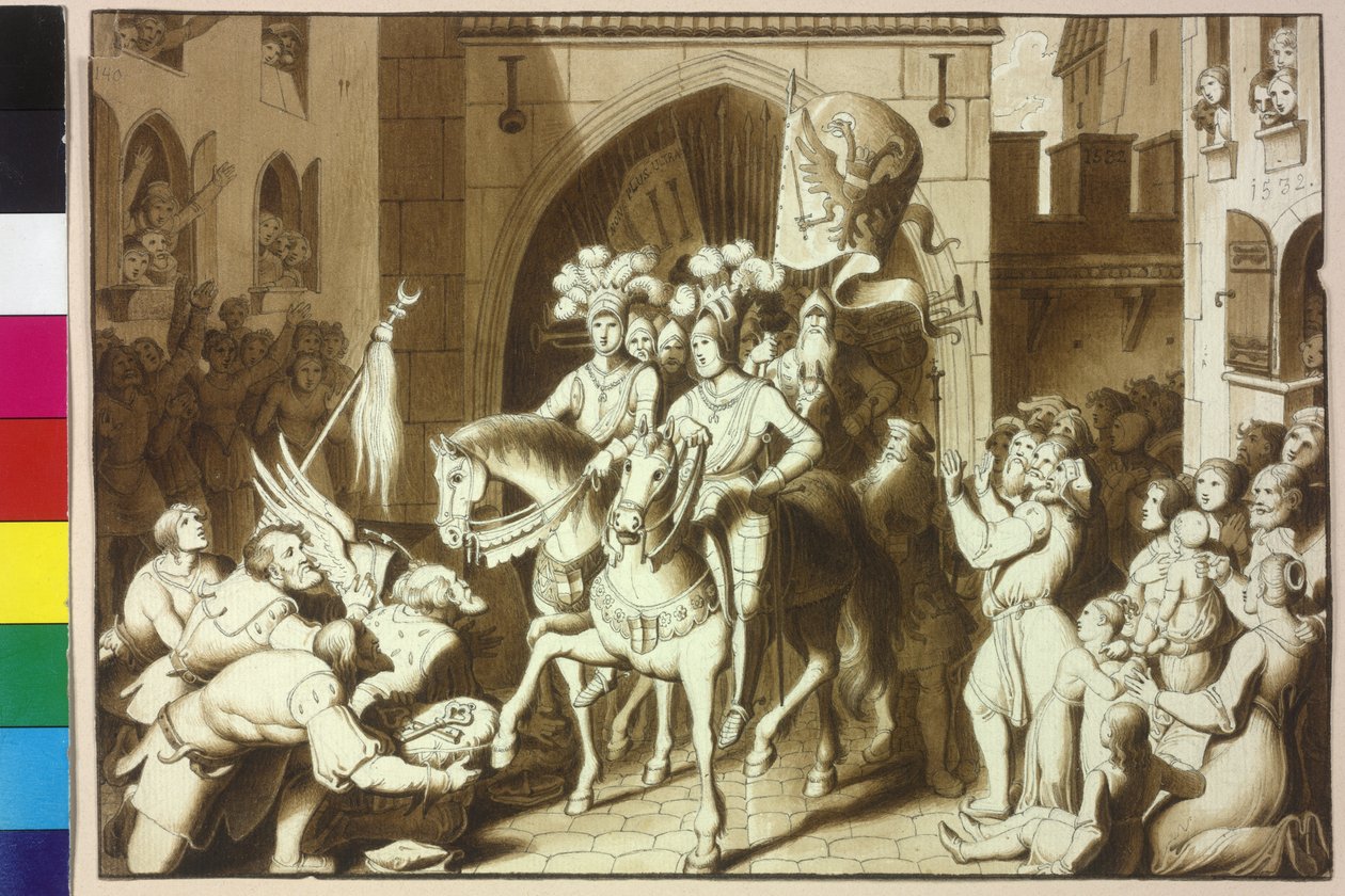 Kejser Karl V. og hans brødre Ferdinand I bliver ved hendes indflytning i Wien af hjelmen fra den fatale pasha Michael Oglu til stede af Artist Unknown