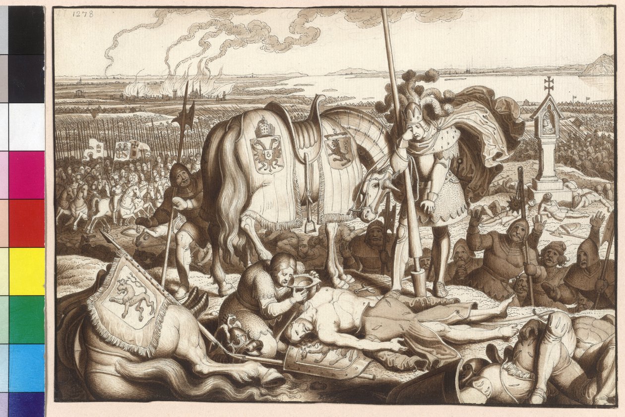Kejser Rudolf græder på slagmarken over den døende kong Ottokar af Artist Unknown