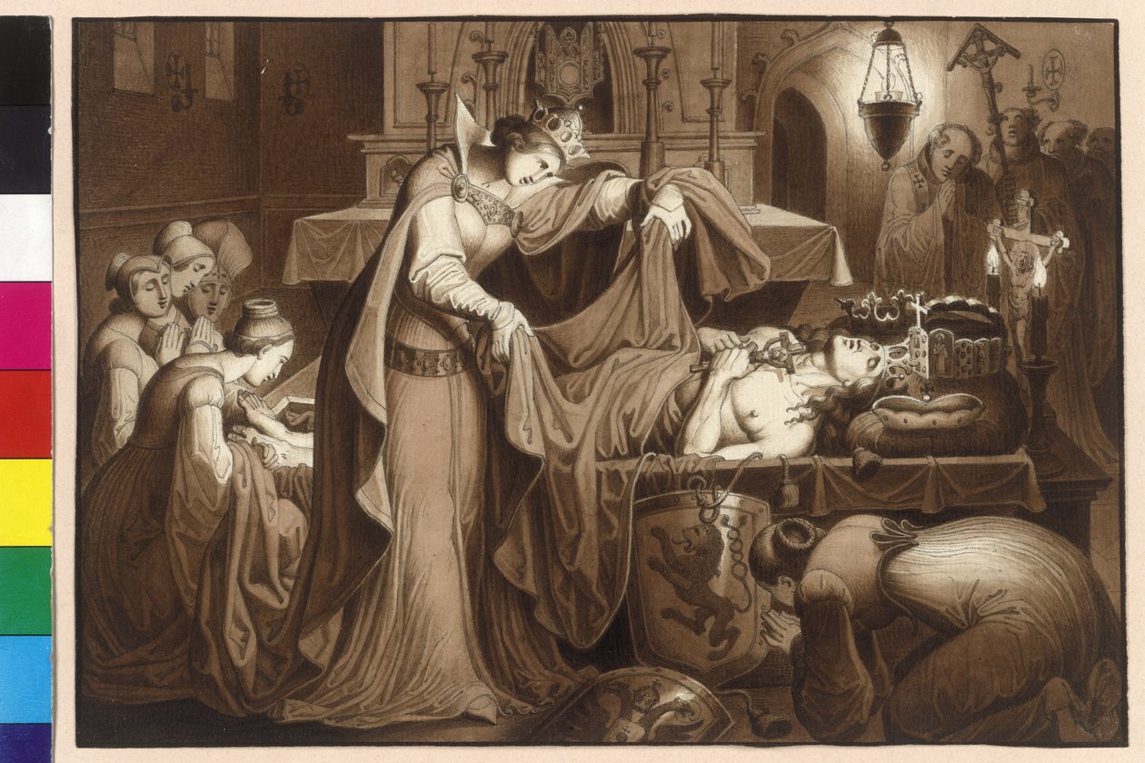 Kejserinde Anna svøbte i det skotske kloster den døde krop af kong Ottokar i et ligklæde af Artist Unknown