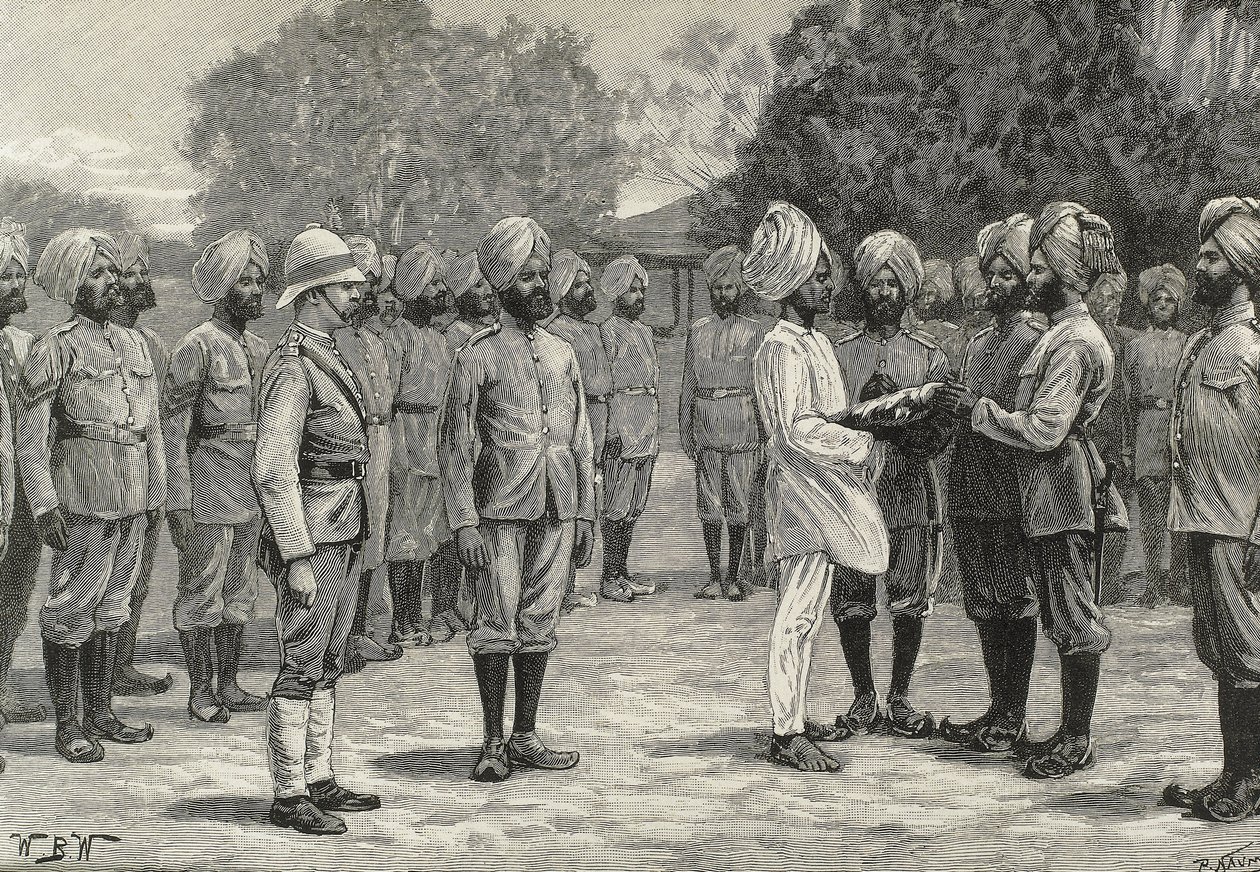 England (19. århundrede). Kolonisering. Indien. De nye regimenter i Burmah. Nye rekrutter aflægger ed. Gravering. Privat samling af Artist Unknown