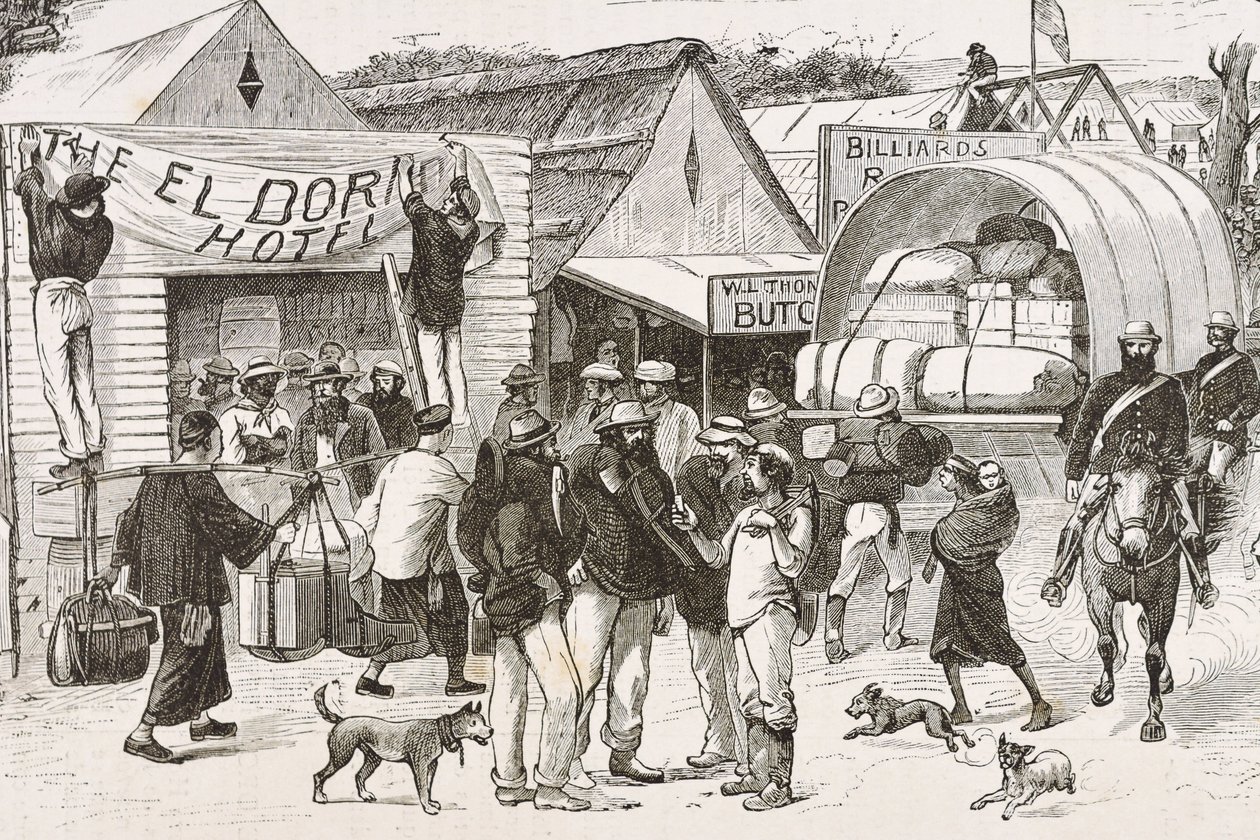 England (C19th). Kolonisering (1880). Guldgravernes liv i Australien. Den engelske koloni Botany Bay (grundlagt i 1788) og oprindeligt mest befolket af kriminelle, der blev guldgravere og handelsfolk. Gravering. Privat samling af Artist Unknown