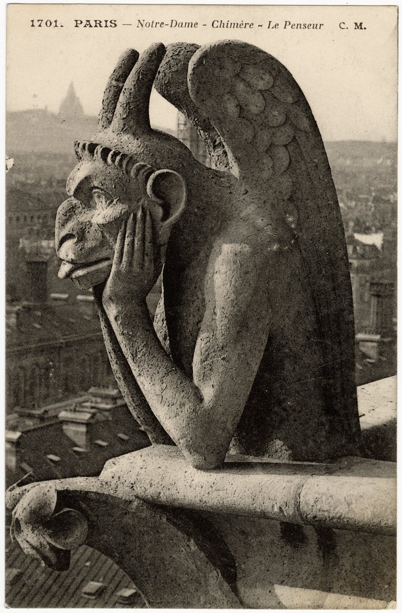Gargoyle eller chimere på katedralen Notre Dame de Paris, bygget mellem 1163 og det 14. århundrede - Postkort, Selva-samlingen af Artist Unknown