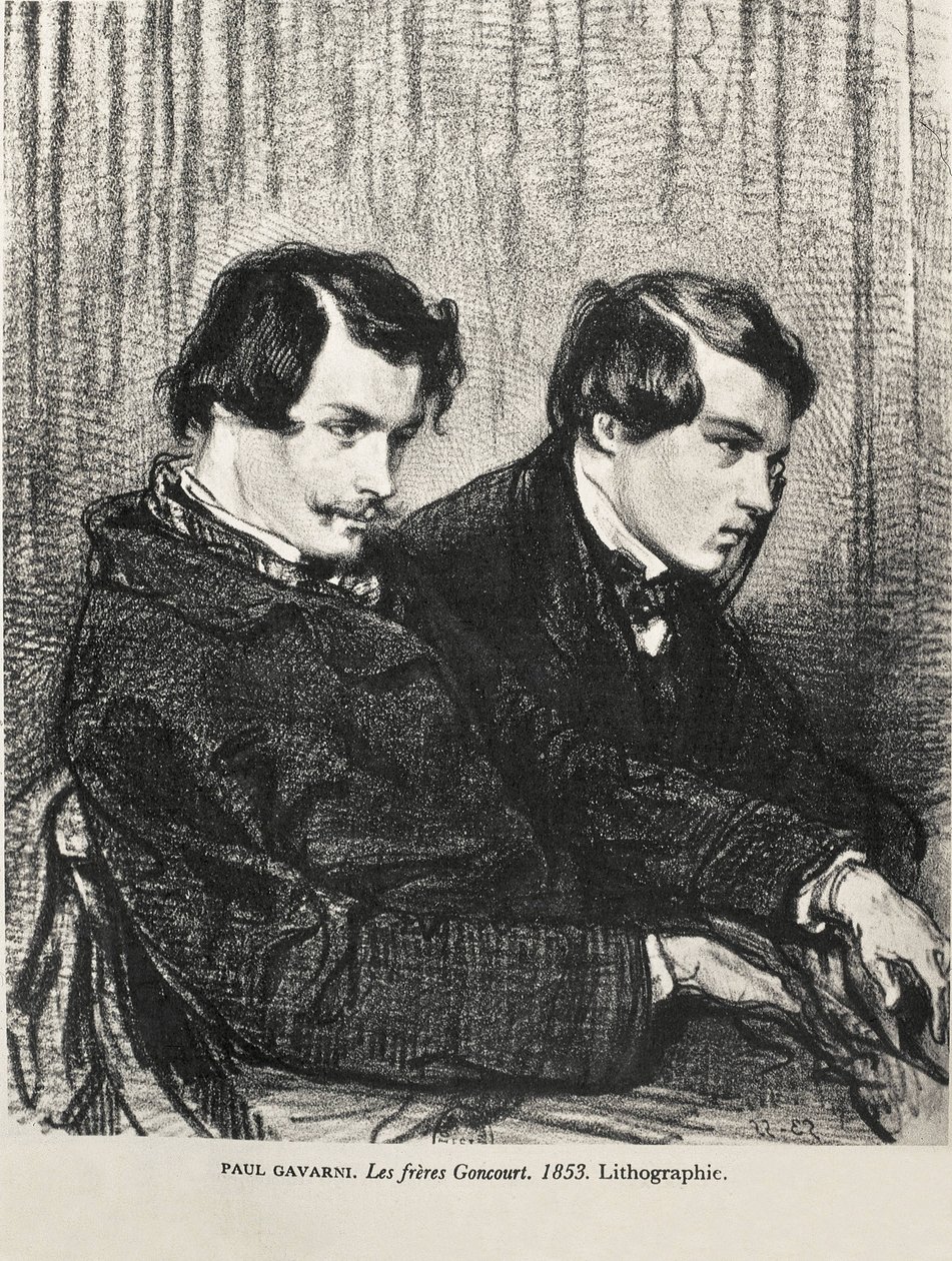 Gavarni, Hippolyte-Guillaume-Sulpice Chevalier, kaldet Paul (1804-1866). Edmond og Jules de Goncourt i en loge på teatret. 1853. GONCOURT, Edmon Huot of (1822-1896). Engelsk forfatter; GONCOURT, Jules Huot de (1830-1870). Engelsk forfatter. Litografi. Priv af Artist Unknown