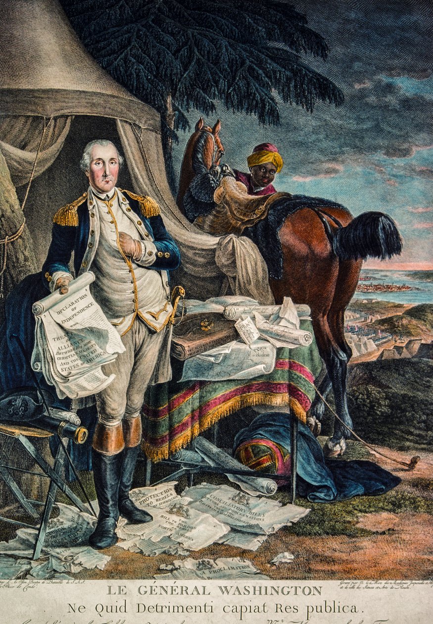 George Washington i en kamplejr med uafhængighedserklæringen i hånden (håndkoloreret stik) af Artist Unknown