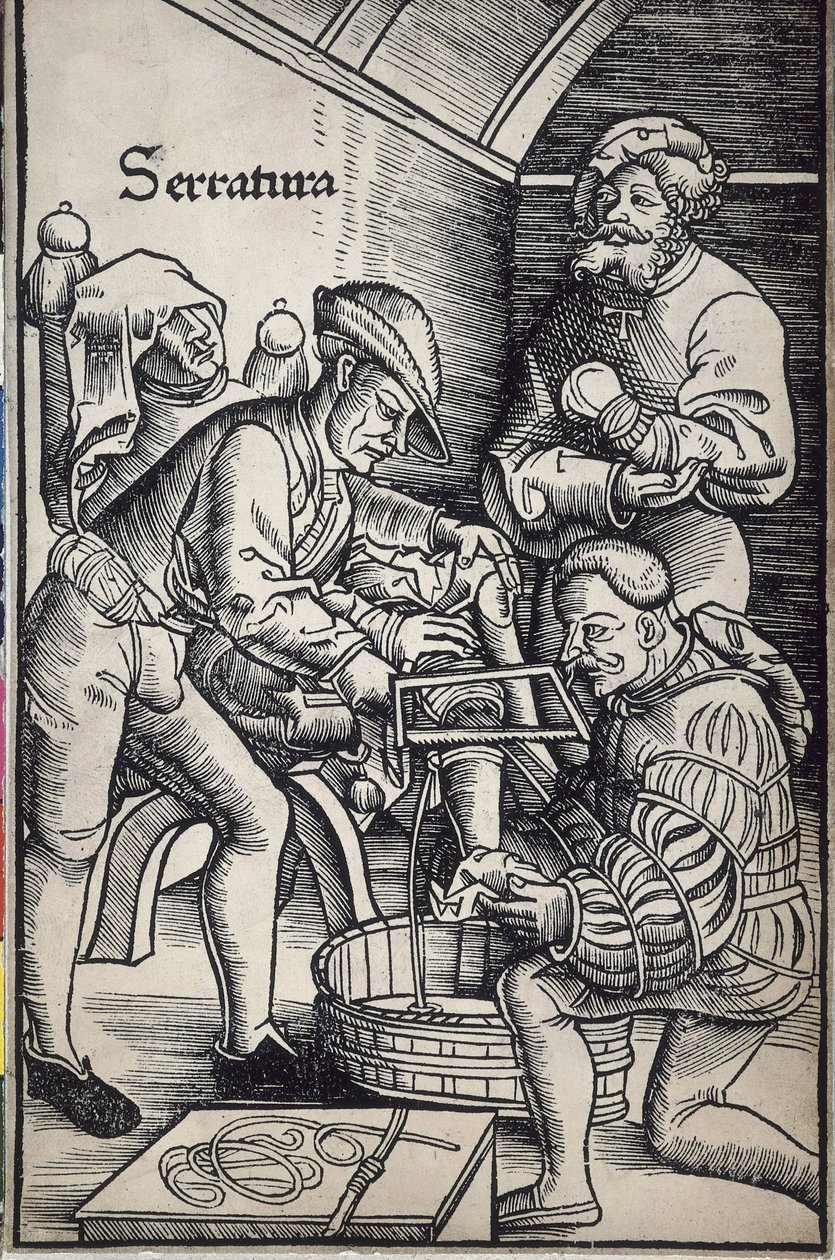 Gersdorff, Hans von (1455 - 1529). Tysk kirurg. Amputation af et ben. Træsnit af Hans Wechtlin til bogen "Feldtbuch der Wundartzney" (Feltbog om kirurgi). af Artist Unknown