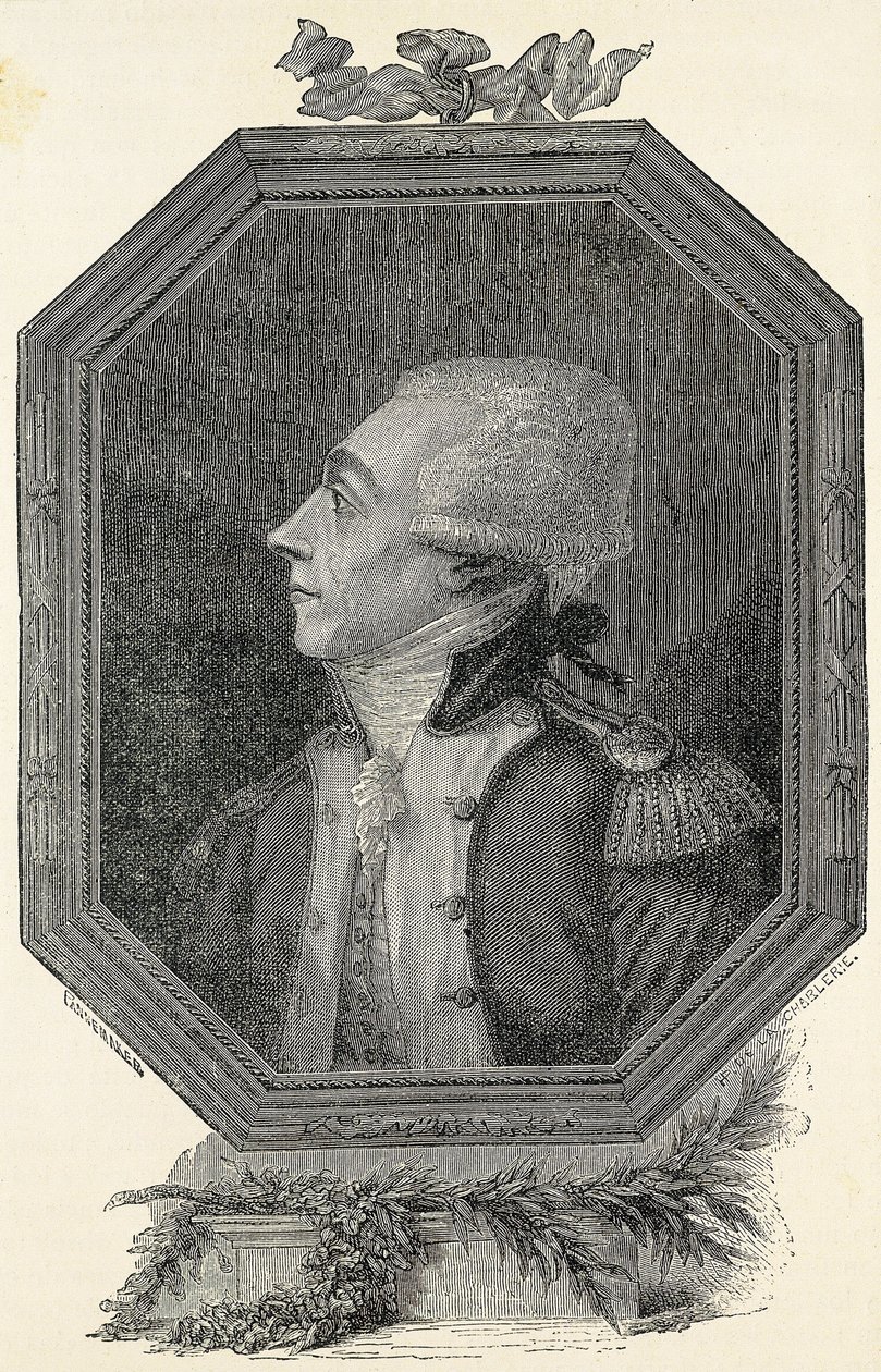Lafayette, Marie Joseph Gilbert Motie Motier, markis af (1757-1834). Fransk aristokrat og militærmand med en liberal ideologi. Ætsning af Artist Unknown