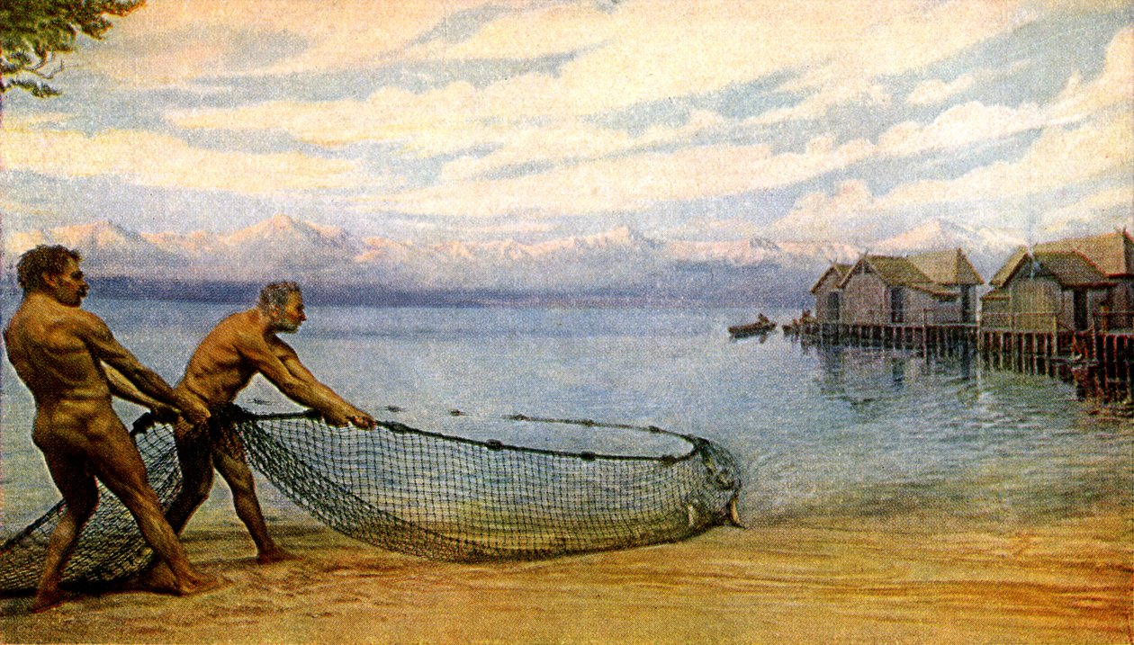 Søboere, der fisker, forhistorisk mand (print) af Artist Unknown