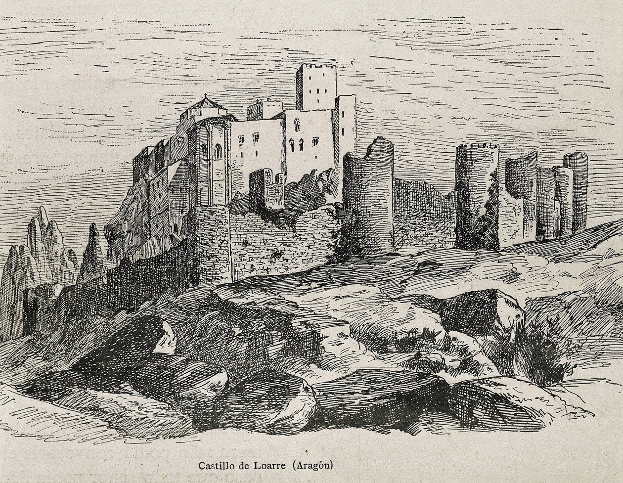Loarre. Romansk slot. Gravering. SPANIEN. ARAGON. Zaragoza. Generelt militærakademi af Artist Unknown
