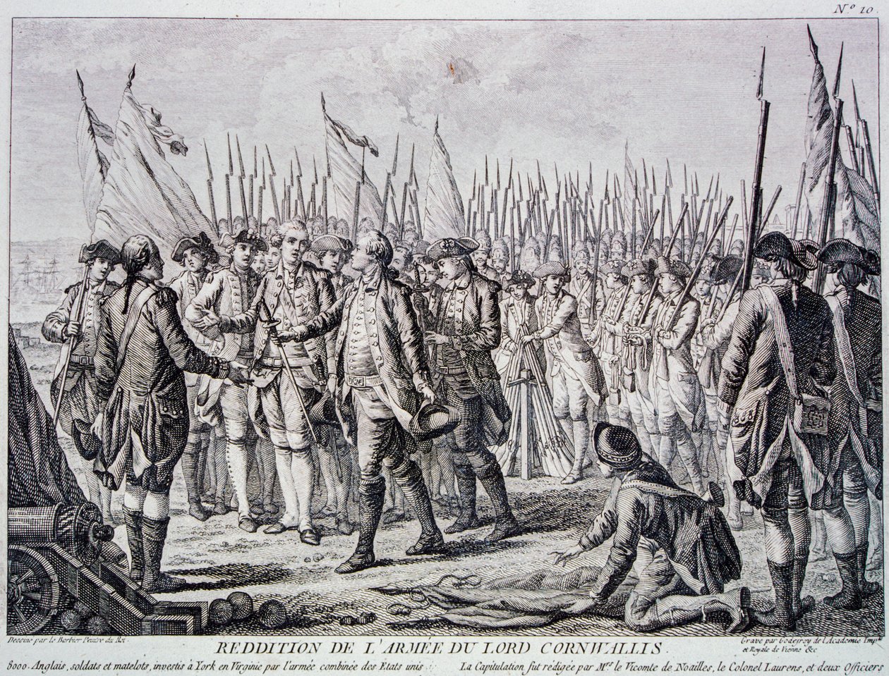 Lord Corwallis overgivelse af den britiske hær ved Yorktown (gravering) af Artist Unknown