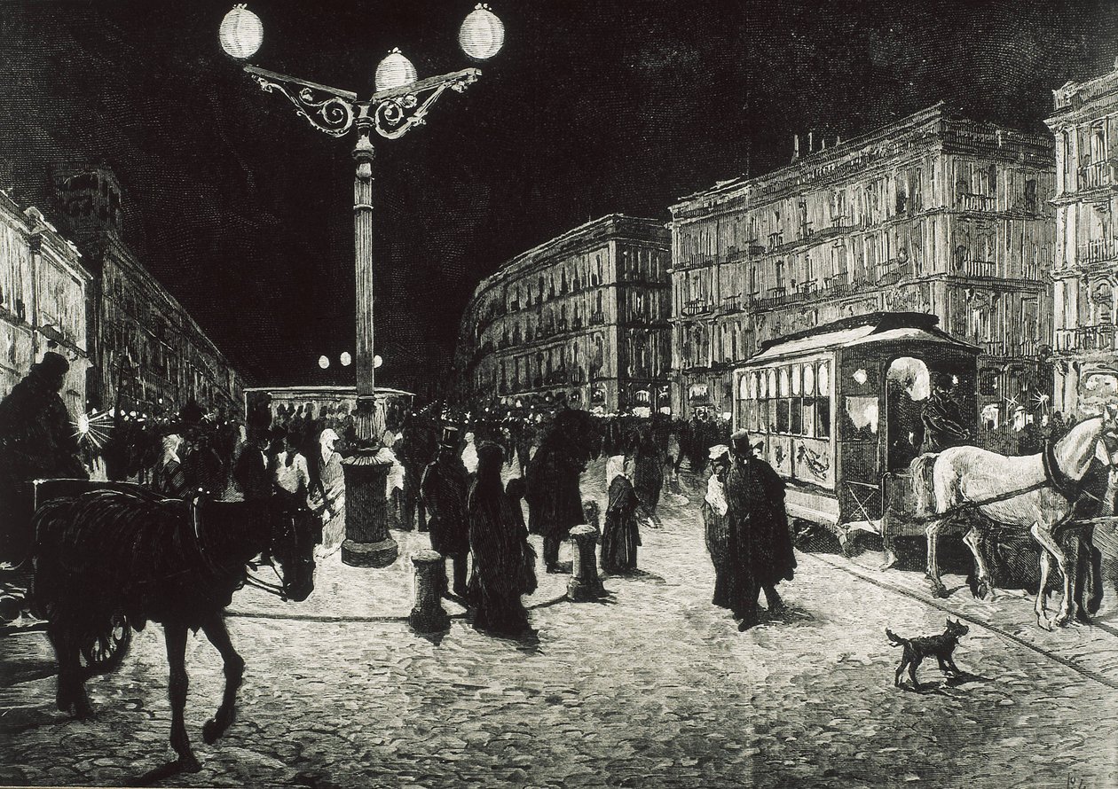 Madrid (1878). Puerta del Sol oplyst med elektrisk lys. Billede efter en tegning af Pellicer til "La Ilsutracion Espanola y Americana". Ætsning. af Artist Unknown