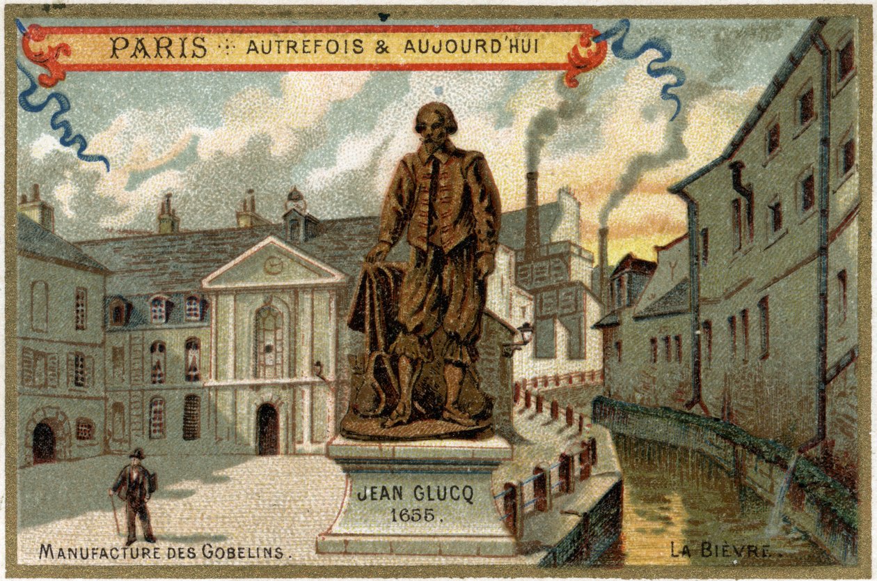 Fremstilling af billedtæpper des Gobelins i Paris. Statue af Jean Glucq, som importerede farvningsprocessen til Frankrig. af Artist Unknown