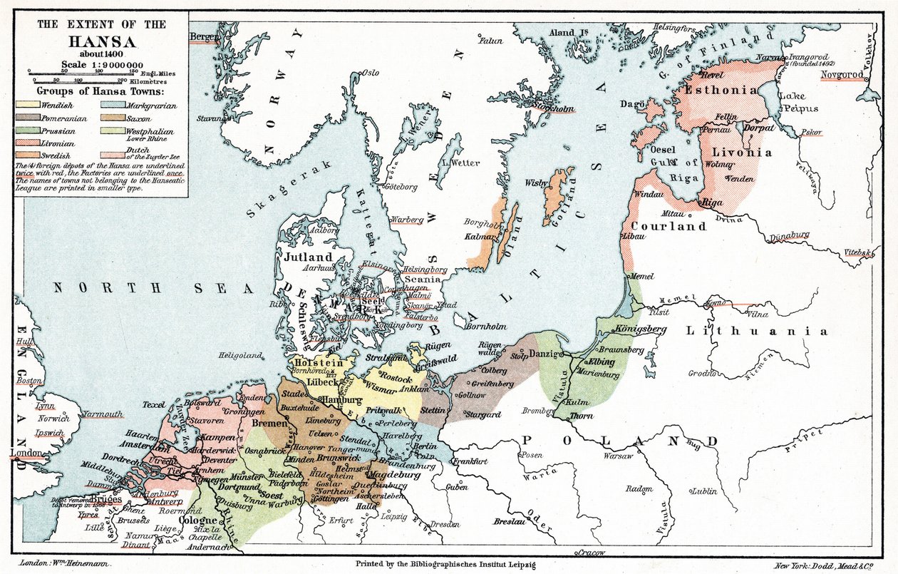 Kort over Hanseforbundets udstrækning omkring år 1400 (tryk) af Artist Unknown