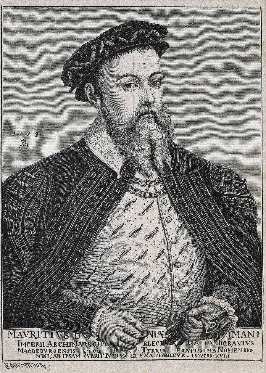 Maurice af Sachsen (1521-1553). Hertug (1541-47) og senere kurfyrste (1547-53) af Sachsen. Protestant fra 1539. Portræt baseret på et maleri af Lucas Cranach. Gravering af Artist Unknown