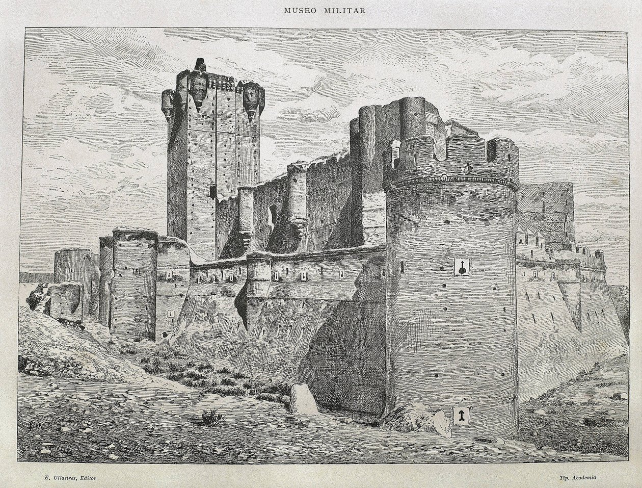 Medina del Campo. Mota-slottet. Gravering. SPANIEN. ARAGON. Zaragoza. Generelt militærakademi af Artist Unknown